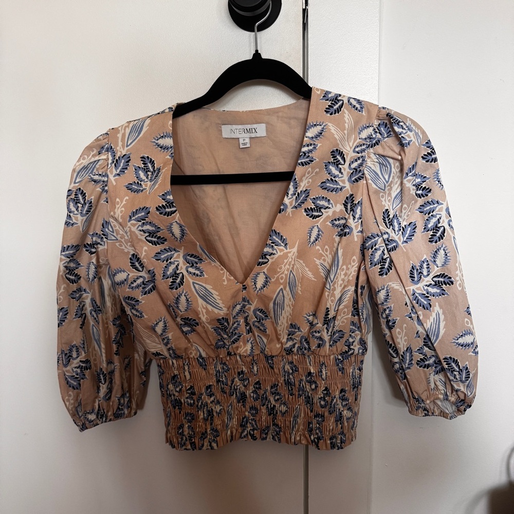 INTERMIX Blue and Orange Smocked Puff Sleeve Blouse